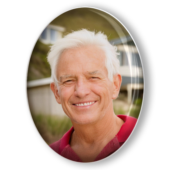 Oval photo in hands with elderly man smiling